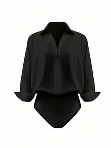 Franclia Petite Women's Spring & Summer New Elegant Casual Black Shirt-Style Bodysuit – Deep V-Neck Loose Long-Sleeve Waist-Tie Design, Y2K-Style Slim-Fit Sexy Top For Work & Dates - Black - View 1