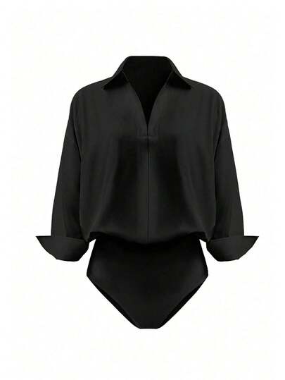 Franclia Petite Mono de camisa elegante y casual de verano para mujer - Escote en V profundo, manga larga suelta, diseño con lazo en la cintura, estilo Y2K, top ajustado y sexy para el trabajo y las citas