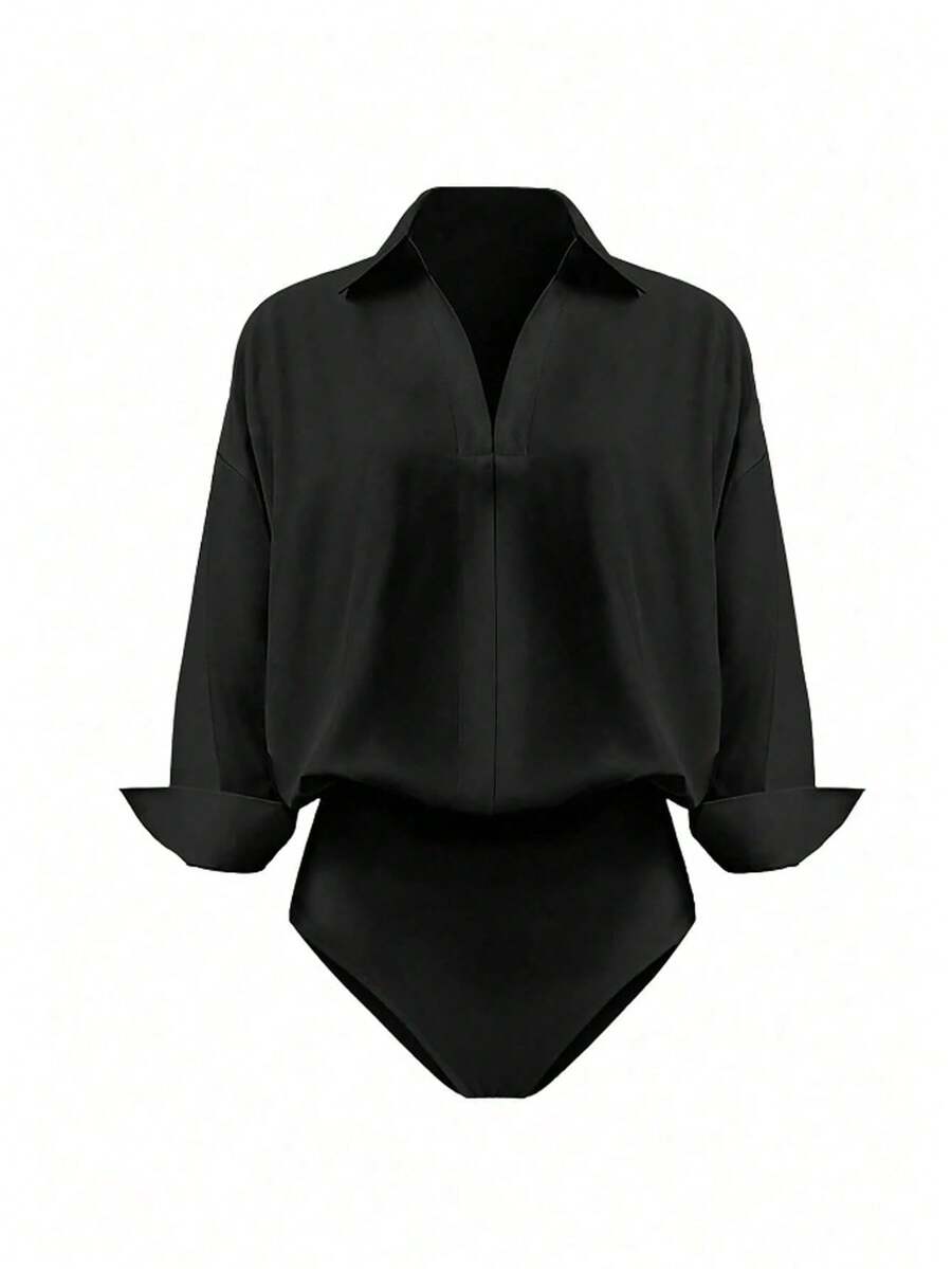 Franclia Petite Women's Spring & Summer New Elegant Casual Black Shirt-Style Bodysuit – Deep V-Neck Loose Long-Sleeve Waist-Tie Design, Y2K-Style Slim-Fit Sexy Top For Work & Dates - Black - View 1