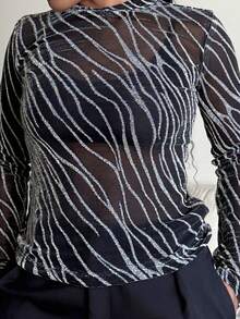 Tyla Gomez Versatile Fitted Long Sleeve Sheer Mesh Women Tops - Black - View 4