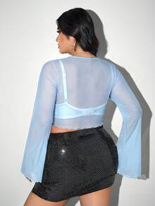 SHEIN ICON ICON 大码女式系带蝴蝶结针织上衣，适合万圣节和派对的薄纱衬衫 - 淺藍色 - 查看 2