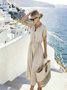 SHEIN Holidaya 女士连衣裙，圆领，纽扣前襟设计，松紧腰身，A字廓形，梭织面料，适合日常穿着和度假。女士度假连衣裙，休闲长裙，希腊度假装扮，女士度假连衣裙，长裙，夏季女士短袖连衣裙，女士短袖夏季连衣裙，女士亚麻套装，女士职业装，Zanzea 女士连衣裙，女士职业装，女士夏季连衣裙，女士休闲连衣裙，夏季女士休闲连衣裙，女士度假连衣裙 - 卡其色 - 查看 8