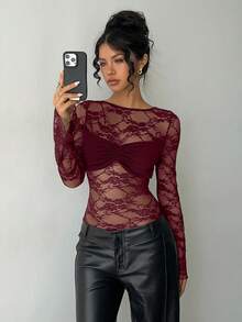 Aloruh Women's Solid Black Lace Sexy Backless Bodysuit, Autumn/Winter New Arrival - Burgundy - View 6