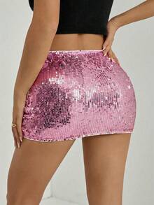 SHEIN PETITE Chân váy ngắn đính sequin màu trơn dành cho nữ, thích hợp cho các dịp tiệc tùng. - Bụi hồng - Xem 3