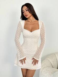 SHEIN PETITE 女士夏季优雅方领褶皱喇叭袖修身A字迷你连衣裙，女士夏季连衣裙，女士春夏连衣裙，女士优雅连衣裙，女士白色连衣裙，女士优雅连衣裙 - 白色 - 查看 2