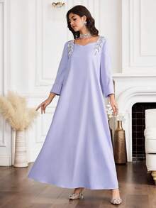 Yasmyna 女士纯色水钻装饰宽松阿拉伯风格连衣裙 - 紫色 - 查看 5