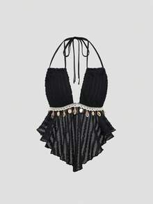 Sweetra Women's Sexy Backless Halter Neck Patchwork Shell Strap Asymmetrical Hem Beach Vacation Top. Spring/Summer Vacation Outfit. - Black - View 1