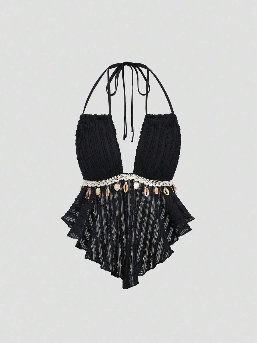 Sweetra Women's Sexy Backless Halter Neck Patchwork Shell Strap Asymmetrical Hem Beach Vacation Top. Spring/Summer Vacation Outfit. - Black - View 1