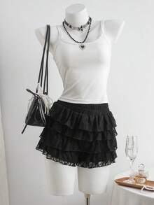 SHEIN Váy ngắn ren xếp lớp màu đen phong cách đường phố thường ngày dành cho bé gái tuổi teen. - màu đen - Xem 7