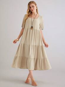 Parysyn Plus Size Elegant Women's Solid Color Square Neck Short Sleeve Tiered Hem Midi Dress Soft Breathable Casual Summer Dress Dresses For Women Summer Beige Dress For Women Long Casual Dress Khaki Dress Women Casual Long Dress Beige Dresses Women Dresses For Women Summer Summer Modest Dress - Apricot - View 5