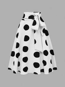 Franclia Petite Spring/Summer Women's Casual Fashion Young Minimalist Versatile Waist Tie Bow Polka Dot Short Skirt - Black and White - View 1