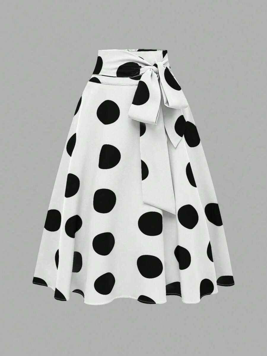 Franclia Petite Spring/Summer Women's Casual Fashion Young Minimalist Versatile Waist Tie Bow Polka Dot Short Skirt - Black and White - View 1