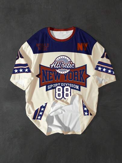 Manfinity Campus Court Men's Cream Beige Navy Blue New York Athletic 88 Number Varsity Sports T-Shirt | Sport Division World Wide Star Stripe Sleeve Graphic Tee | American Baseball Football Jersey Style Crew Neck Contrast Collar Short Sleeve Top | Y2K Streetwear Retro College Team Badge Emblem Loose Fit Shirt | Bold Color Block Panel NY Pride Summer Casual Wear | Soft Breathable Classic Timeless Daily Outdoor Vacation Outerwear,Men's Letter Print Round Neck Short Sleeve Casual Versatile T-Shirt