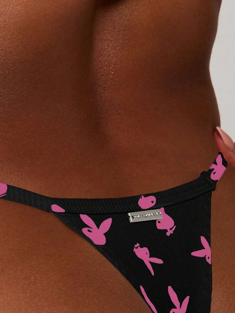 Missguided x Playboy Culotte tanga côtelée avec motif imprimé de lapin pour le confort et le style de tous les jours