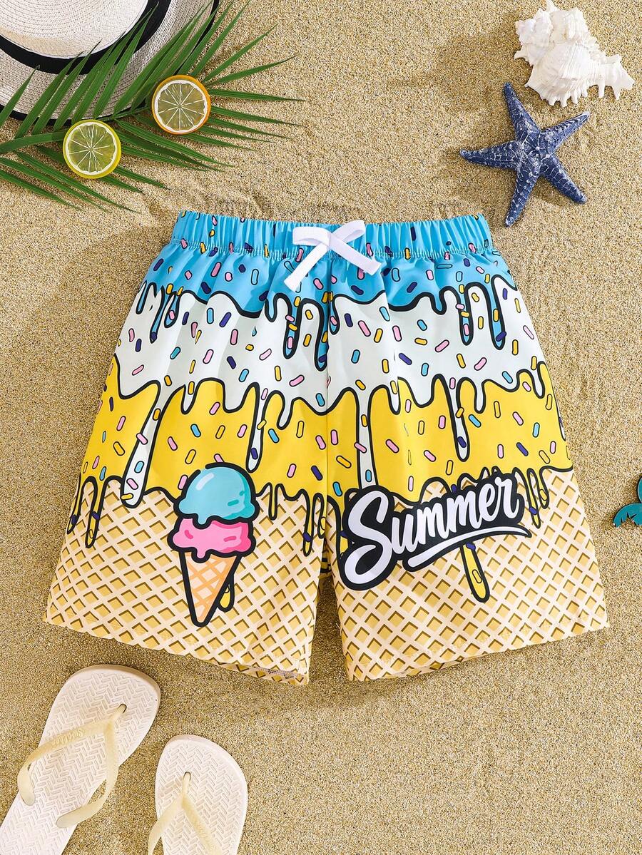 SHEIN 青少年男童休闲百搭舒适椰树印花拼接宽松内衬泳裤沙滩裤