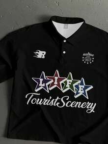 StoneGrade New Preppy Star Symbol Casual Printed Men Standard Size Cropped Loose Fit Short Sleeve Polo Shirt, Essential For Dates And Gatherings, Fashionable Couple Gift For Boyfriend - Black - View 2