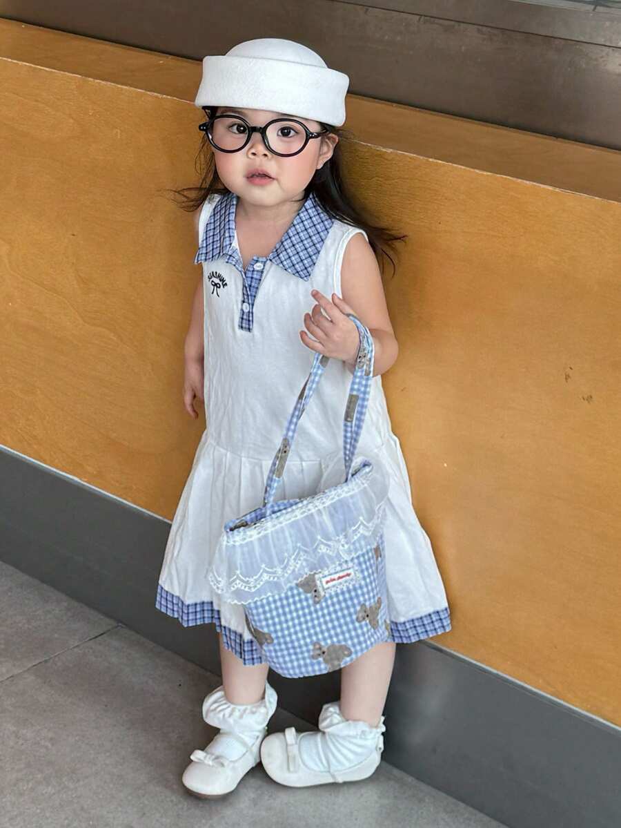 DAZY Baby Girls' Collared Plaid Korean Style Sleeveless English Print Casual Summer Dress - White - View 1