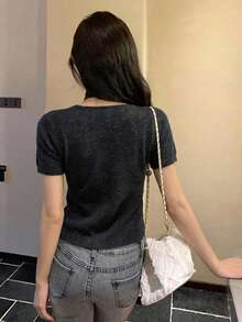 DAZY Camiseta de manga larga con parches de encaje y lazo, para otoño/invierno y verano - Gris - Ver 3