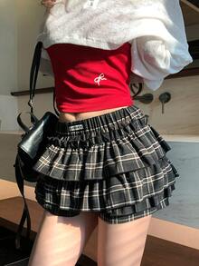 DAZY Women's Black Plaid Mini Skirt, Waist Skirt, Petite Fit, A-Line Skirt - Black and White - View 7