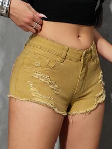 SHEIN PETITE Women's Solid Color Brushed Denim Button Shorts, Suitable For Summer Wear ,Petite Women - Khaki - View 4