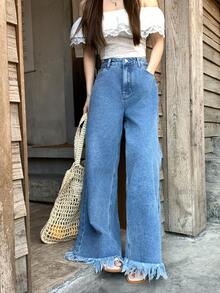 DAZY Women's Frayed Hem Korean Style Washed Casual Flare Leg Jeans - Blue - View 5