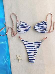 Swim Vcay 2026春夏红白条纹可调节细肩带露背蓝色鱼尾高衩比基尼泳衣两件套女装 - 彩色 - 查看 3