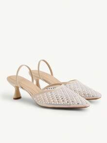 CUCCOO CHICEST Women's New Square Toe Mid-Heel Mesh & Rhinestone Elegant Party Ankle Strap Pumps - Beige - View 2