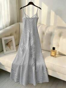 Franclia V-Neck Striped Camisole Dress For Women - Black and White - View 2