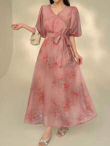 DAZY 女士优雅碎花V领灯笼袖系带中长连衣裙，夏季婚礼宾客礼服，女士吊带裙 - 粉色 - 查看 4