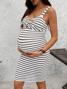 SHEIN Maternity Striped Twist Ruched Fashion Party Vacation Dress - Multicolor - View 5
