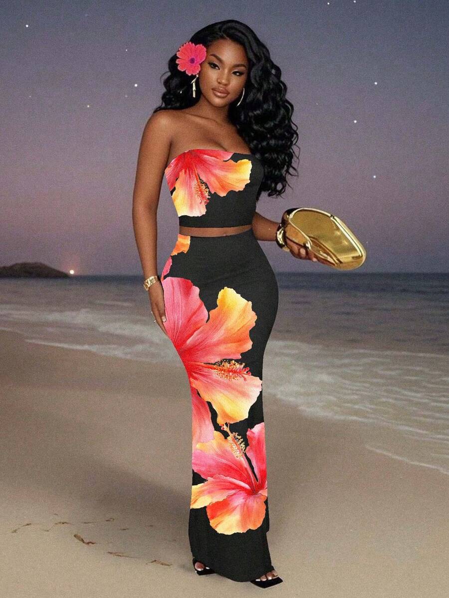 Slaydiva 2pcs/Set Women Casual Floral Print Tube Top And Mini Skirt, Summer - Multicolor - View 1