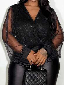 Slaydiva Plus Size Black Party Bodysuit With V Neck Wrap Detail And Semi-Sheer Bishop Sleeves Knitted Fabric Top - Black - View 12