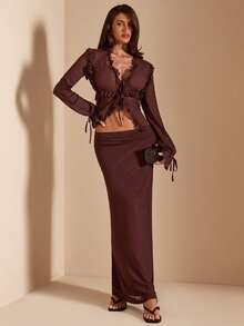 SHEIN BAE 女士棕色拼接荷叶边系带长袖衬衫 - 棕色 - 查看 4