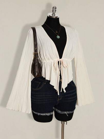 SHEIN ICON Plus Size Women Textured Black Front Tie Blouse