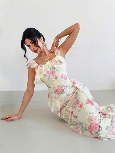 Firerie Women's Elegant Romantic Date Party Wedding Guest Dress, Women Elegant Long Floral Print Dress With Square Neck And Ruffle Details Perfect For Summer,Pink Asymmetric Ruffle Shoulder Long Sleeve Pleated Design Slim Fit Ruffle Hem Dress