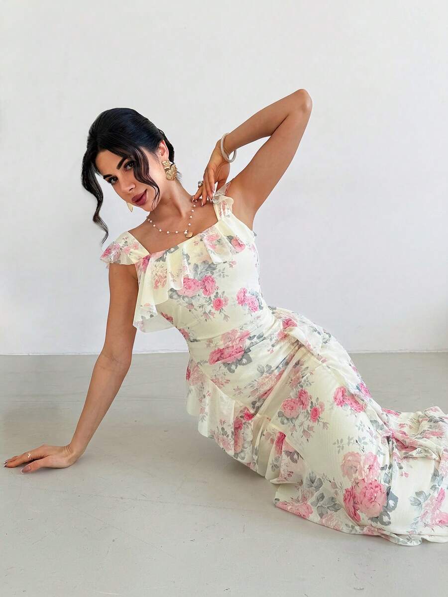 Firerie Women's Elegant Romantic Date Party Wedding Guest Dress, Women Elegant Long Floral Print Dress With Square Neck And Ruffle Details Perfect For Summer,Pink Asymmetric Ruffle Shoulder Long Sleeve Pleated Design Slim Fit Ruffle Hem Dress ,Summer Dress