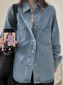 DAZY Áo sơ mi dài tay denim màu trơn dành cho nữ, áo kiểu rộng rãi, áo khoác mỏng mặc ngoài. - Rửa nhẹ - Xem 4