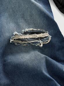 ROMWE MEN Street Life Men's Pockets Loose Wide Leg Jeans With PU Leather Patchwork - Blue - View 11