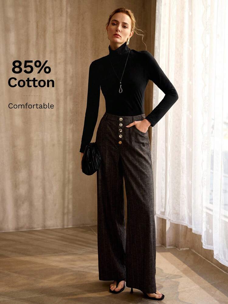 MINIMALIST COTTON BLEND TURTLENECK LONG SLEEVE FITTED T-SHIRT, SPRING/AUTUMN/WINTER