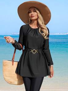 Swim Mulvari Women's Solid Color Burkini Set For Vacation & Beach - Black - View 2