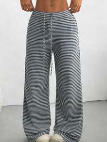 SHEIN EZwear 女士灰色条纹针织阔腿长裤 - 灰色 - 查看 1