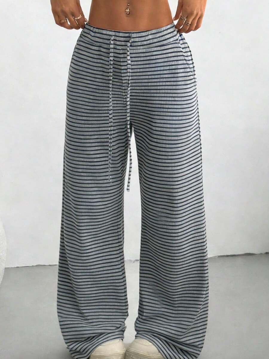 SHEIN EZwear 女士灰色条纹针织阔腿长裤 - 灰色 - 查看 1