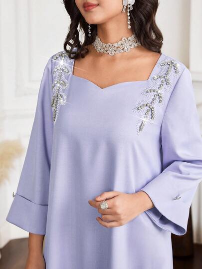 Yasmyna Women's Solid Color Rhinestone Decor Loose Arabic Style Dress