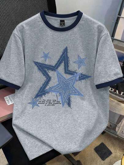 Manfinity Joysei 男士标准尺码花卉撞色袖T恤，灰色和藏蓝色