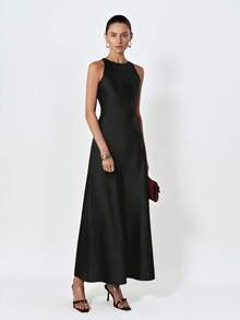 Aveloria Modichic Vestido Feminino Slim Fit Longo de Cetim com Gola Halter Sem Mangas Gola Alta Elegante Minimalista Formal Aniversário Jantar Bar Festa Preto Liso Baile de Formatura Verão - Preto - Visão 4