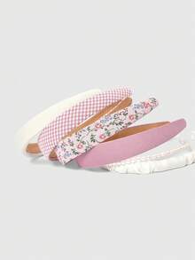 ROMWE Kawaii Bộ 5 chiếc/Bộ Băng đô vành rộng họa tiết hoa kẻ sọc màu hồng mùa xuân kết hợp ngọc trai xinh xắn như tiên nữ, Phụ kiện tóc đa năng phong cách cho bé gái, Quà tặng ngày lễ tình nhân cho bạn gái, Băng đô cài tóc màu hồng - Hồng - Xem 2