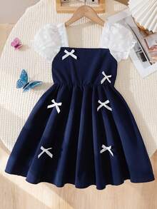SHEIN Spring/Summer New Girls Chiffon Puff Sleeve Patchwork Cute Bowknot Vacation Dress - Royal Blue - View 1