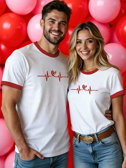 Manfinity Homme Camiseta casual de manga corta con cuello redondo y ribete de contraste con gráfico de corazón para hombres