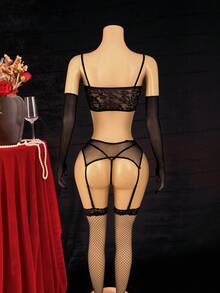 5件套女士性感内衣套装，包括超短内裤、吊袜带和网纱袖套 - 黑色 - 查看 4