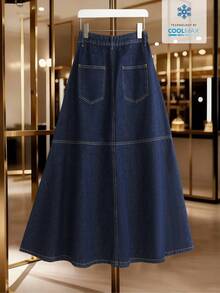 GlowEve Casual Commute Washed Long Denim Skirt - Dark Wash - View 2